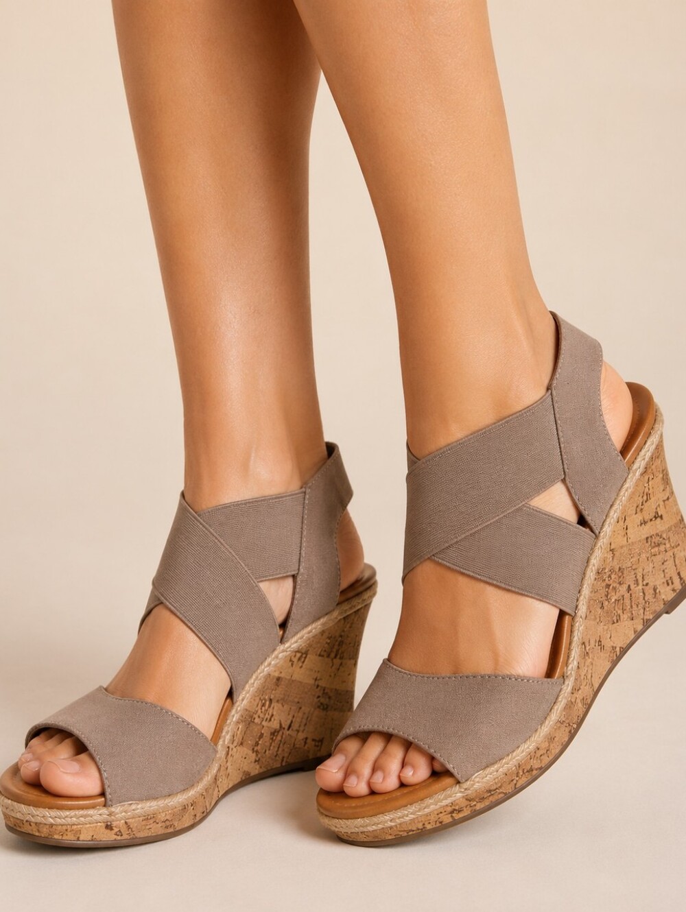 a.n.a. A New Approach Nautical Beige Taupe Elastic Strap Wedge Sandals Size 7M